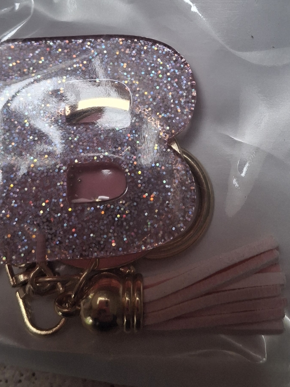 Glitter Initial 'B' Keychain with Pink Tassel